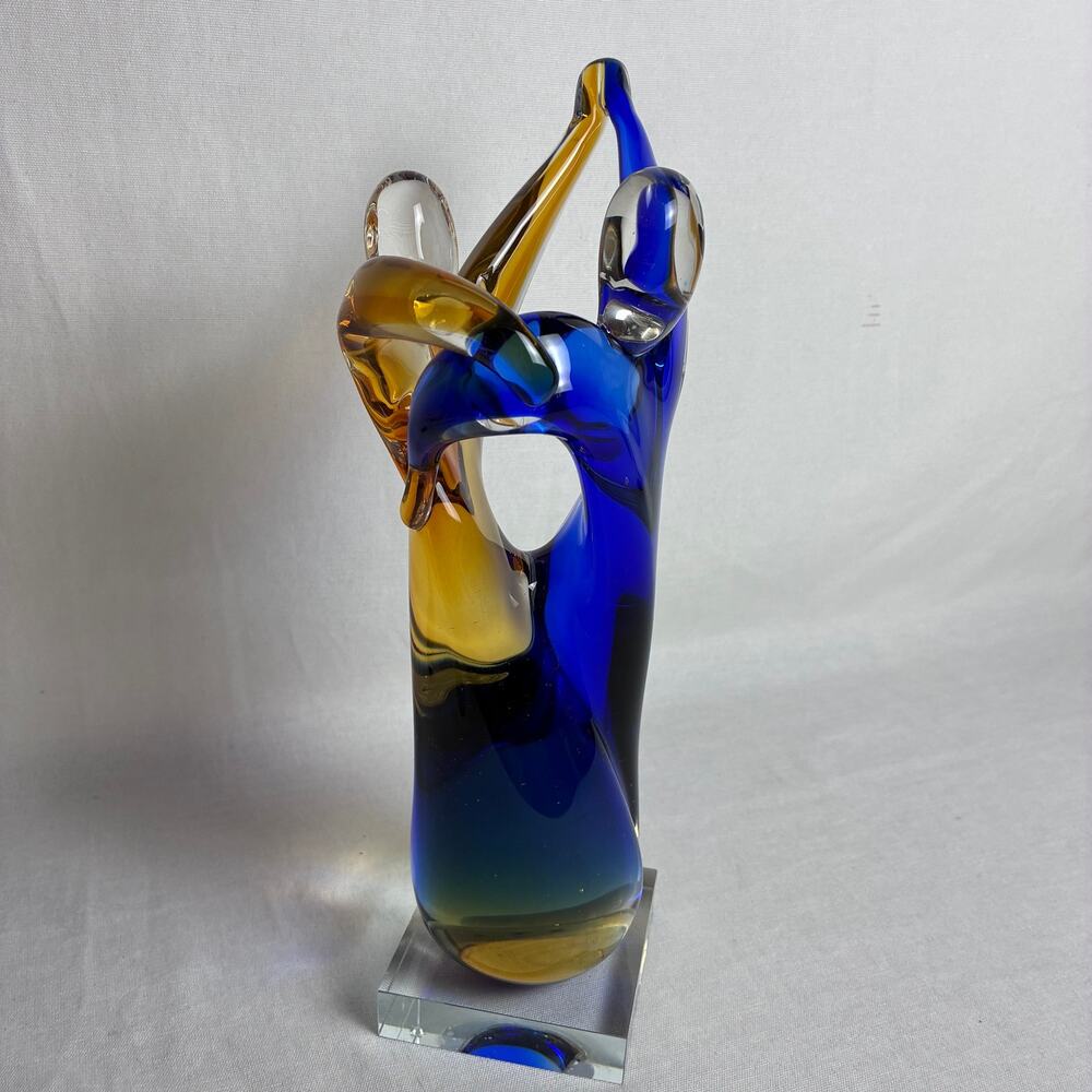 Murano Style Art Glass Dancing Couple Lovers Sculpture Blue Amber Chipped Base